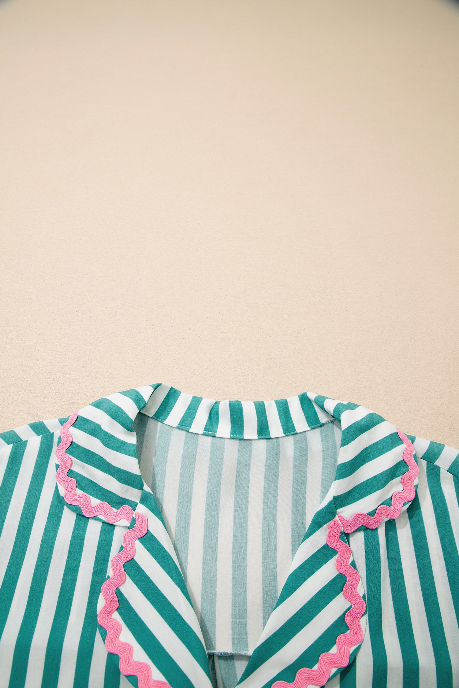 Green Stripe Contrast Ricrac Trim Long Sleeve Shirt Drawstring Ruffled Pajama Short Set-Loungewear & Sleepwear/Sleepwear-[Adult]-[Female]-2022 Online Blue Zone Planet