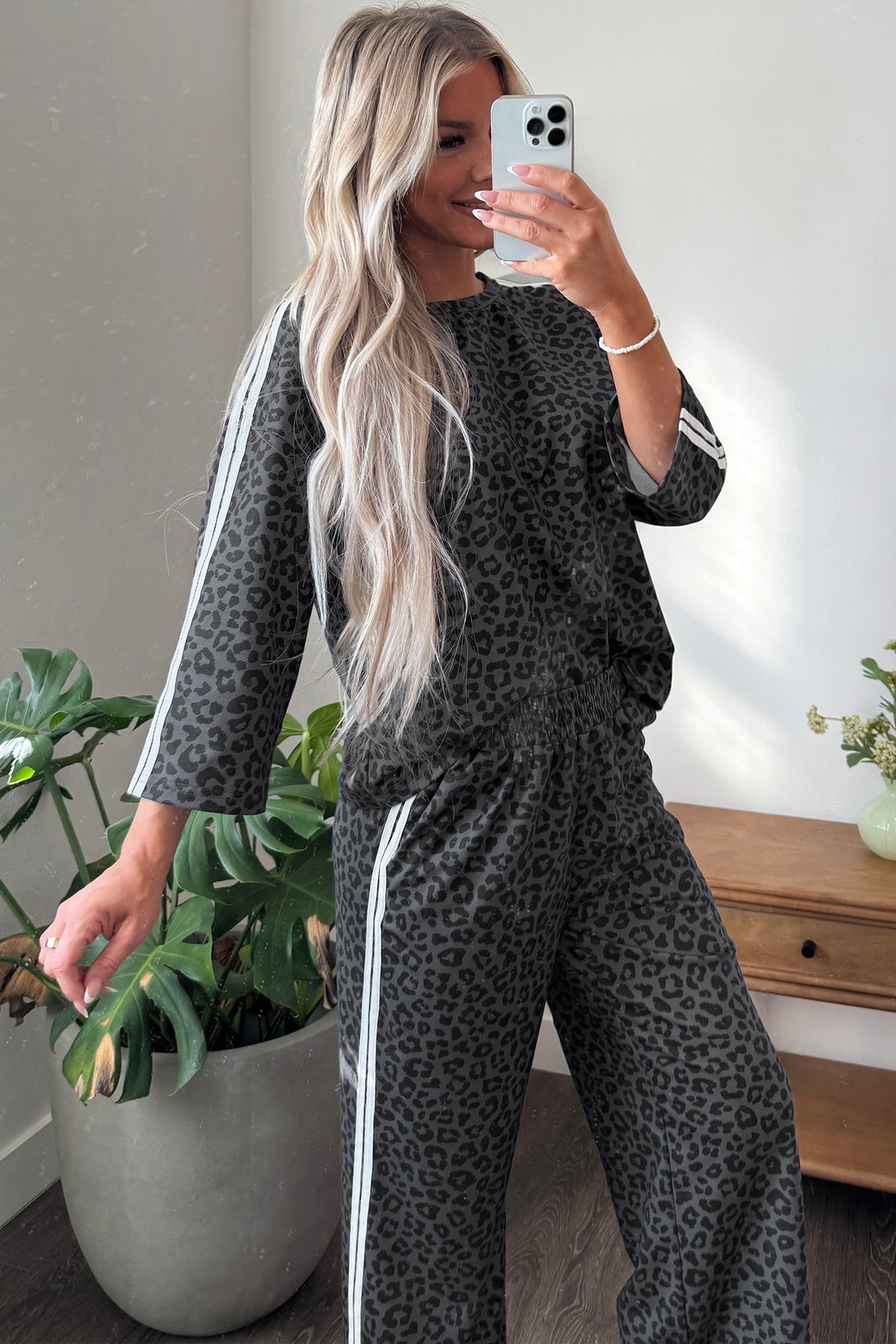 Pink Leopard Print Varsity Striped Detail 3/4 Sleeve Top Shift Pant Set-Two Piece Sets/Pant Sets-[Adult]-[Female]-2022 Online Blue Zone Planet