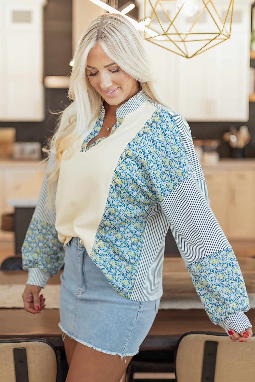 Beige Floral Striped Drop Sleeve Collared Boxy Fit Sweatshirt-Tops/Sweatshirts & Hoodies-[Adult]-[Female]-2022 Online Blue Zone Planet