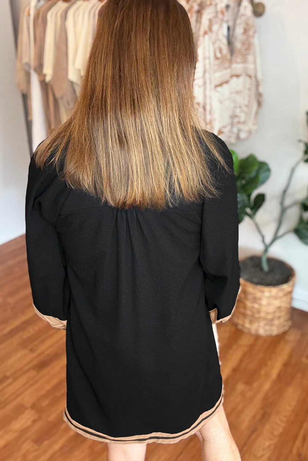 Black Plus Size Color Block Striped Trim V Neck Long Sleeve Shift Mini Dress-TOPS / DRESSES-[Adult]-[Female]-2022 Online Blue Zone Planet