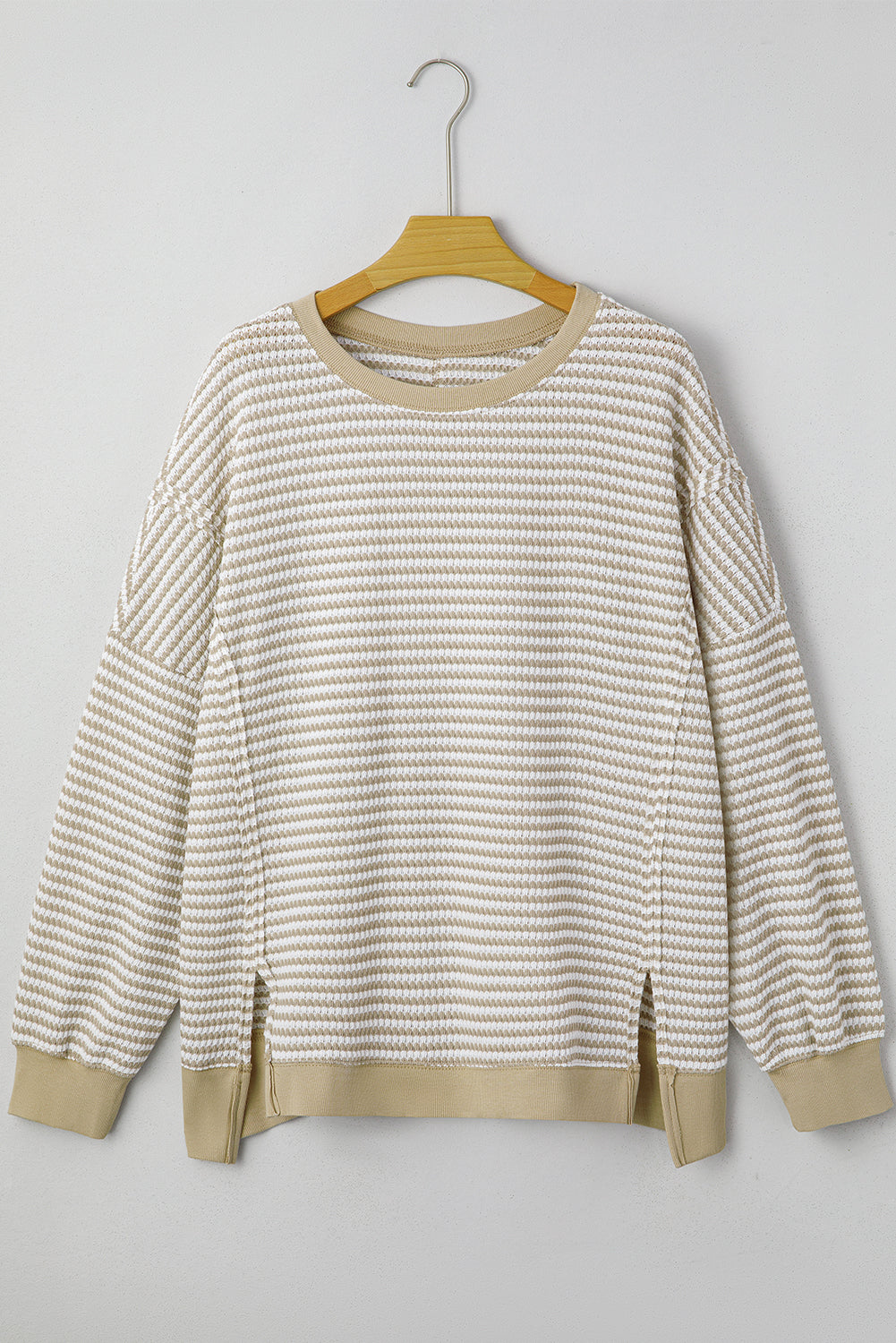 Brown Stripe Plus Size Breathable Knit Ribbed Trim Long Sleeve Top-Plus Size/Plus Size Tops/Plus Size Long Sleeve Tops-[Adult]-[Female]-2022 Online Blue Zone Planet