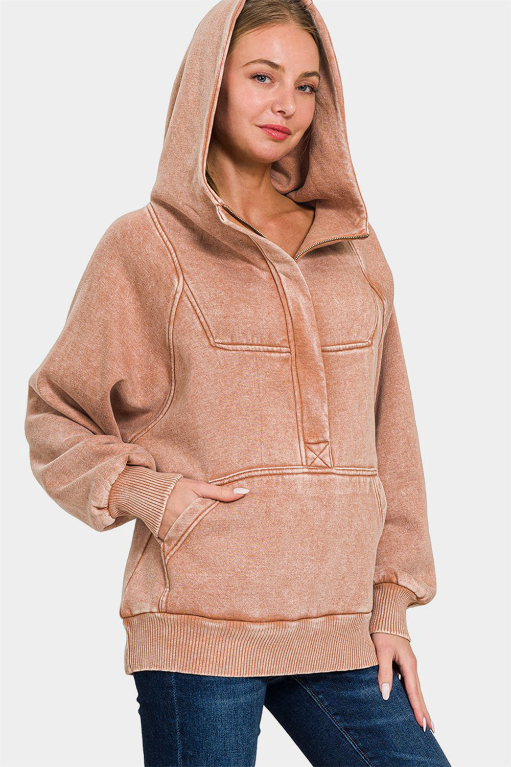 Blue Zone Planet | Zenana Acid Wash Fleece Kangaroo Hoodie-TOPS / DRESSES-[Adult]-[Female]-Rust-S-2022 Online Blue Zone Planet