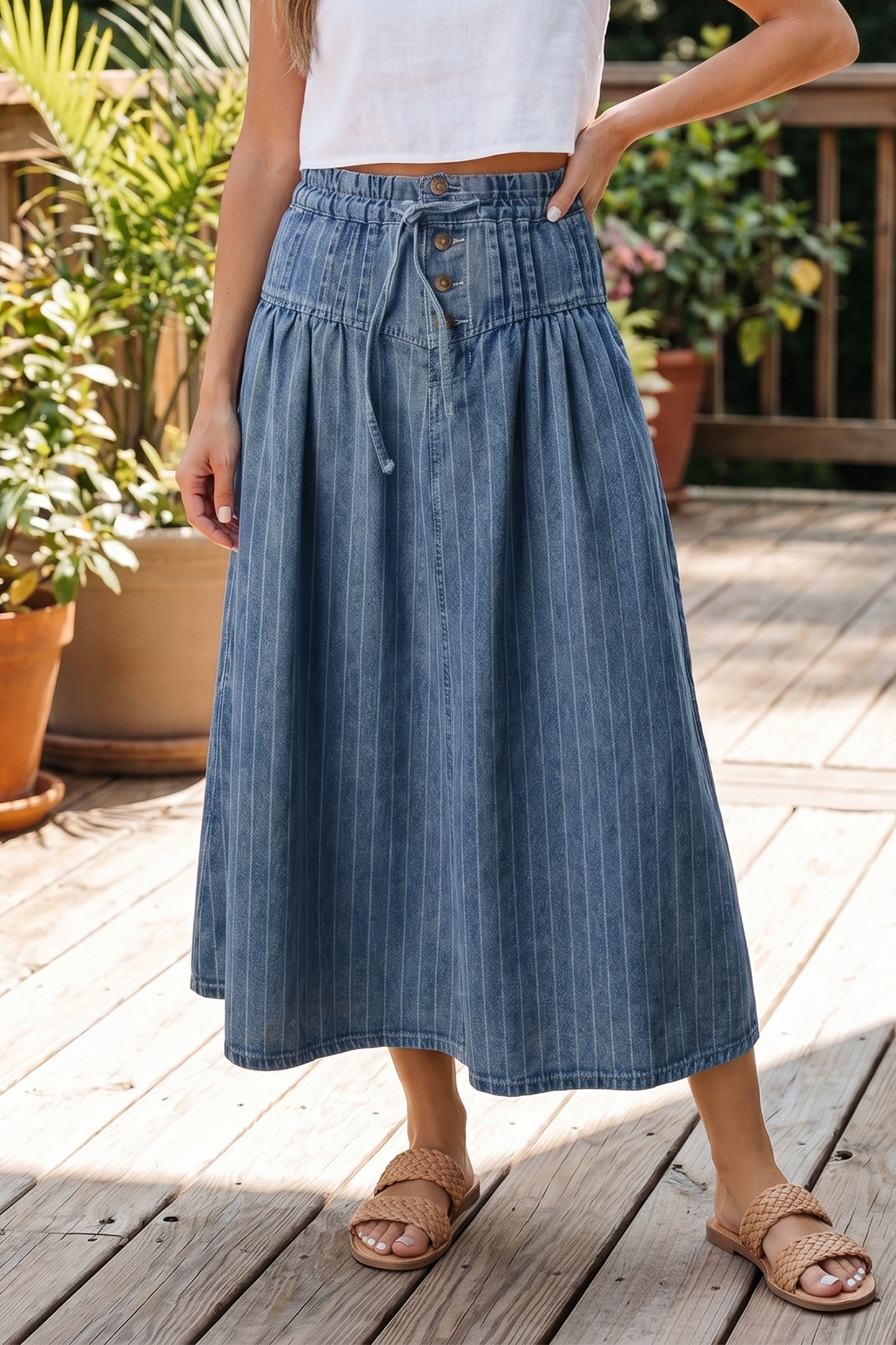 Sky Blue Stripe Button Pintuck High Waist Drawstring Denim Midi Skirt-Bottoms/Skirts & Petticoat-[Adult]-[Female]-2022 Online Blue Zone Planet