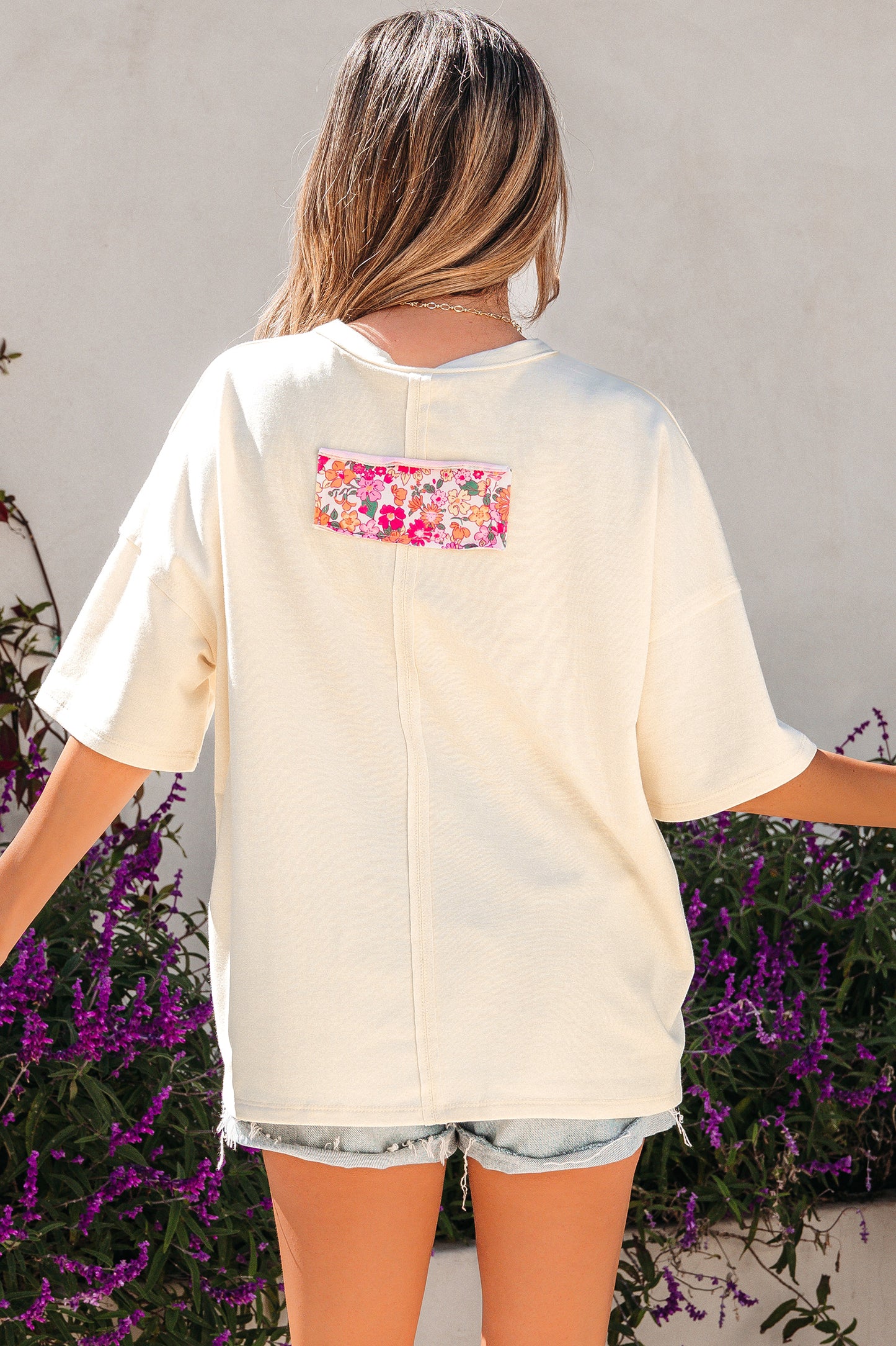 Jet Stream Floral Patched Raw Seam Big Flower Oversize Tee-Tops/Tops & Tees-[Adult]-[Female]-2022 Online Blue Zone Planet
