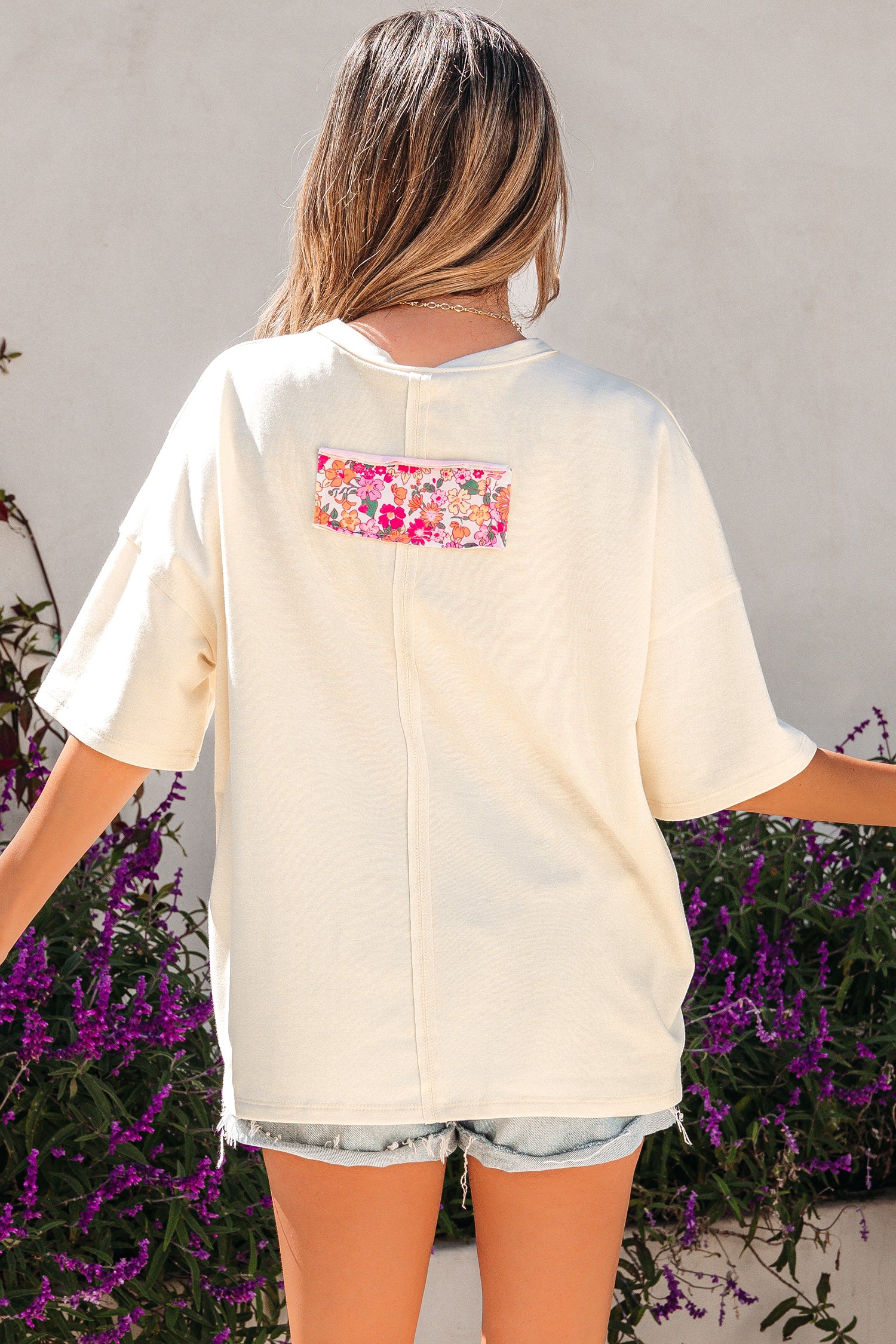 Jet Stream Floral Patched Raw Seam Big Flower Oversize Tee-Tops/Tops & Tees-[Adult]-[Female]-2022 Online Blue Zone Planet