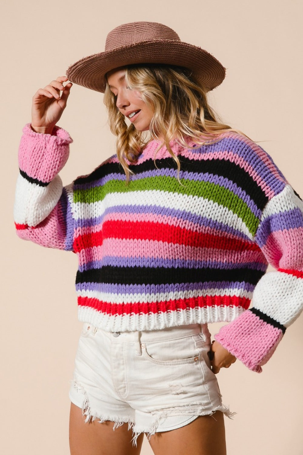 Blue Zone Planet | BiBi Multi Color Striped Cropped Sweater-TOPS / DRESSES-[Adult]-[Female]-2022 Online Blue Zone Planet