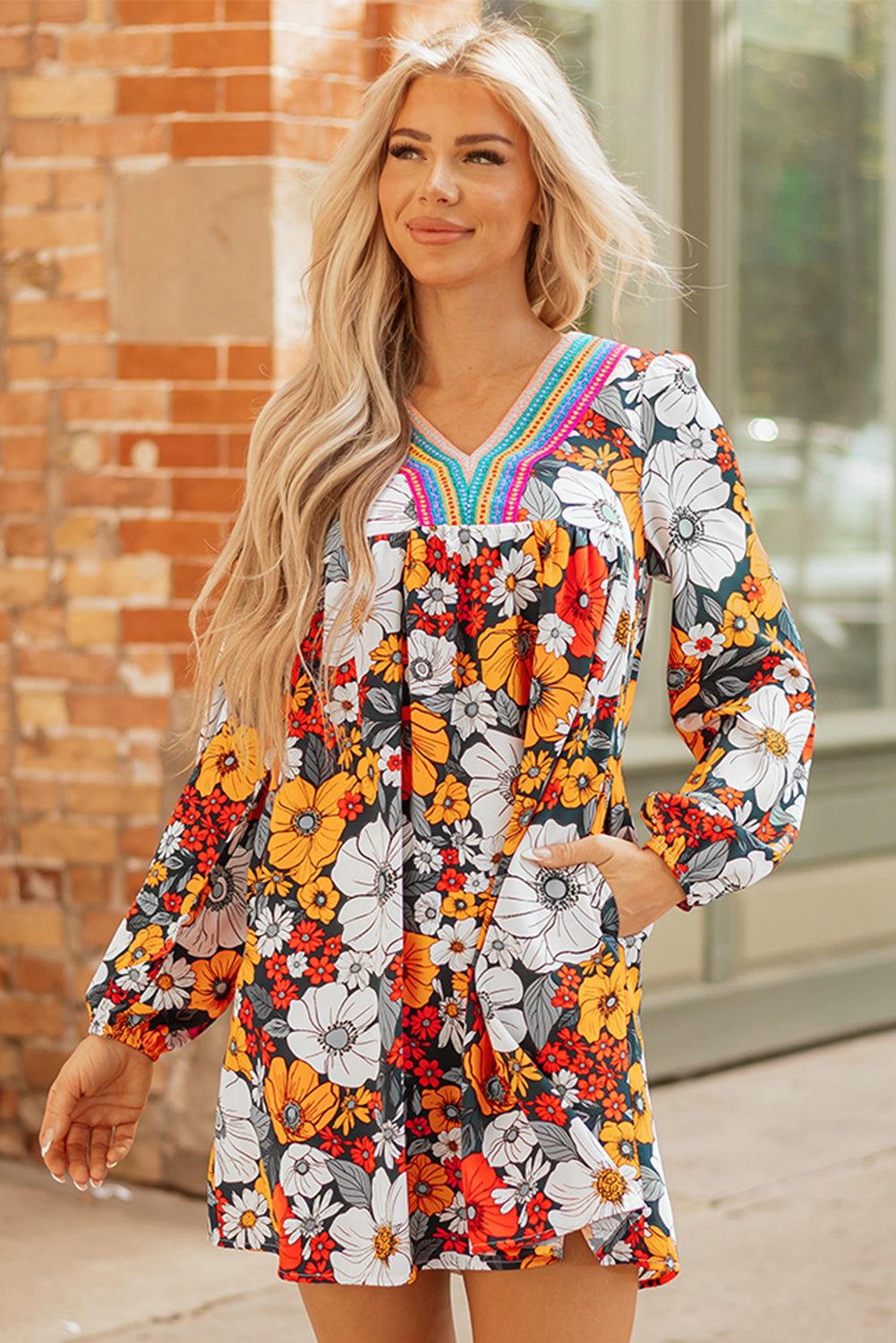 Orange Floral Print Striped Lace V Neck Long Sleeve Mini Dress-TOPS / DRESSES-[Adult]-[Female]-2022 Online Blue Zone Planet