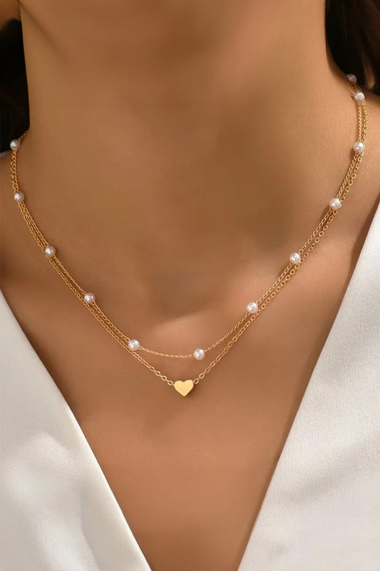 Gold Plated Heart and Pearl Detail 2pcs Layered Necklace-Accessories/Jewelry-[Adult]-[Female]-Gold-ONE SIZE-2022 Online Blue Zone Planet