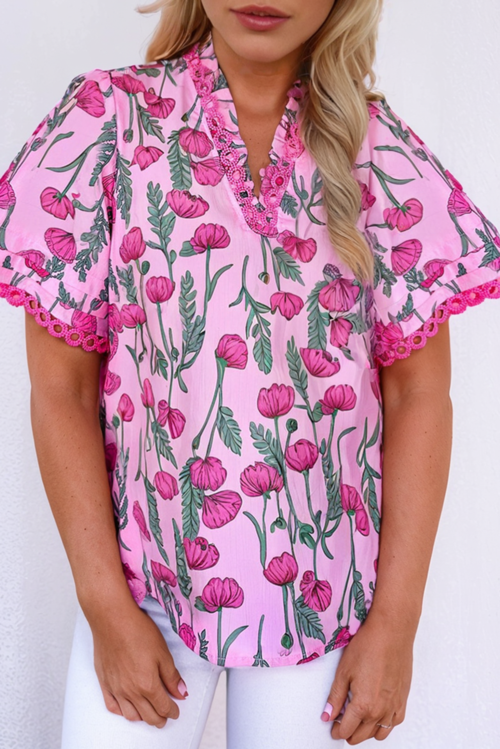 Pink Floral Lace Detail Frilled V Neck Summer Blouse-Tops/Blouses & Shirts-[Adult]-[Female]-2022 Online Blue Zone Planet