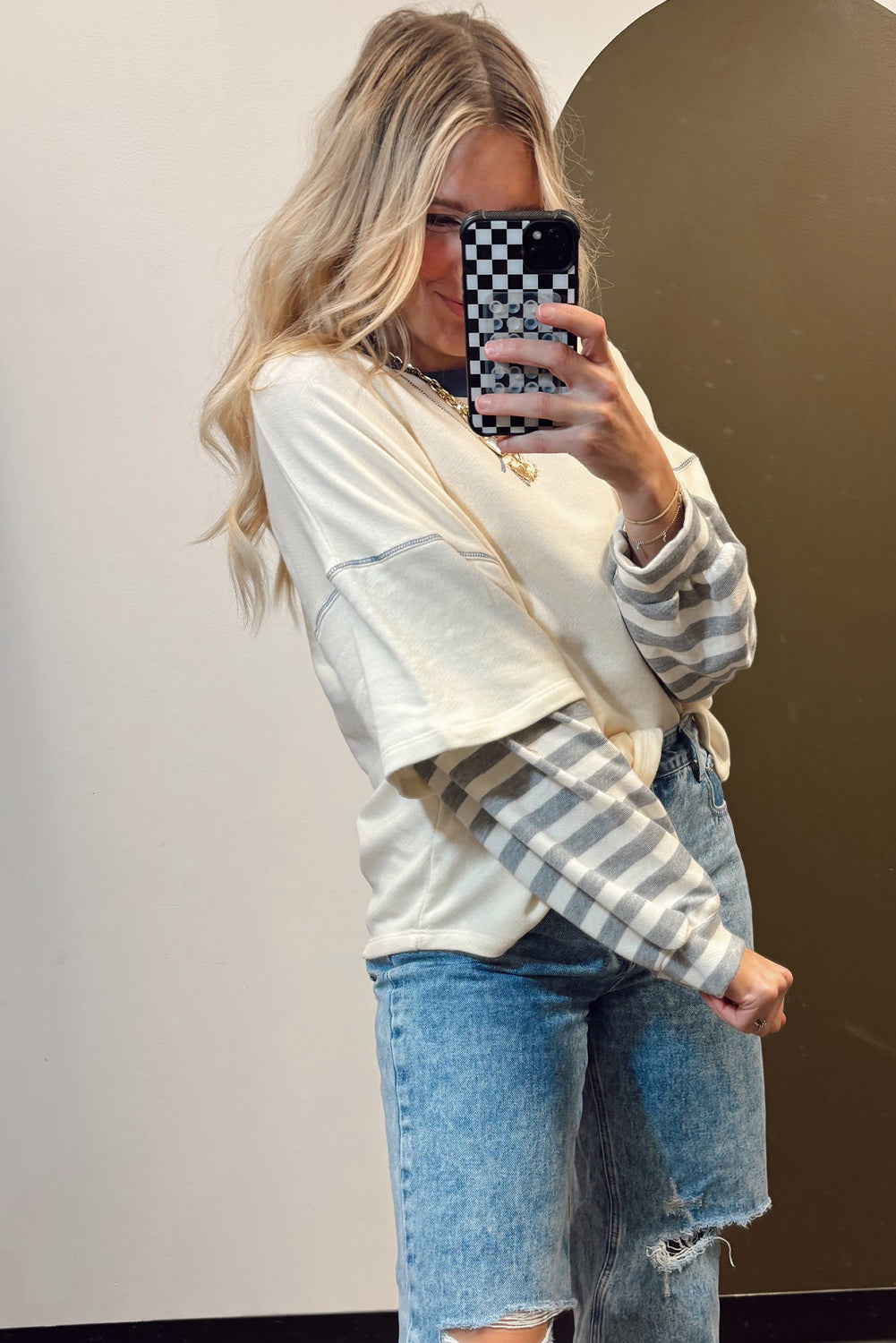 Beige Striped Patchwork Long Sleeve Round Neck Two-In-One Top-Tops/Long Sleeve Tops-[Adult]-[Female]-2022 Online Blue Zone Planet