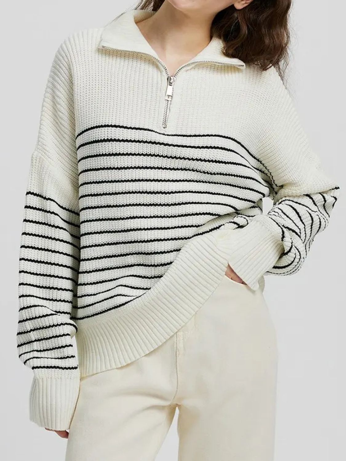 Striped Half Zip Long Sleeve Sweater-TOPS / DRESSES-[Adult]-[Female]-2022 Online Blue Zone Planet