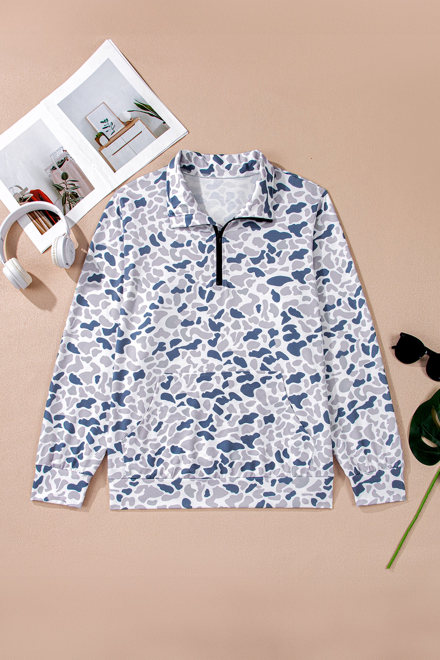 Multicolour Plus Camouflage Print Quarter Zip Kangaroo Pocket Pullover Sweatshirt-Plus Size/Plus Size Sweatshirts & Hoodies-[Adult]-[Female]-2022 Online Blue Zone Planet