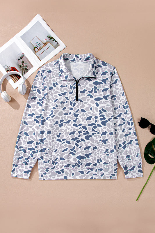 Multicolour Plus Camouflage Print Quarter Zip Kangaroo Pocket Pullover Sweatshirt-Plus Size/Plus Size Sweatshirts & Hoodies-[Adult]-[Female]-2022 Online Blue Zone Planet