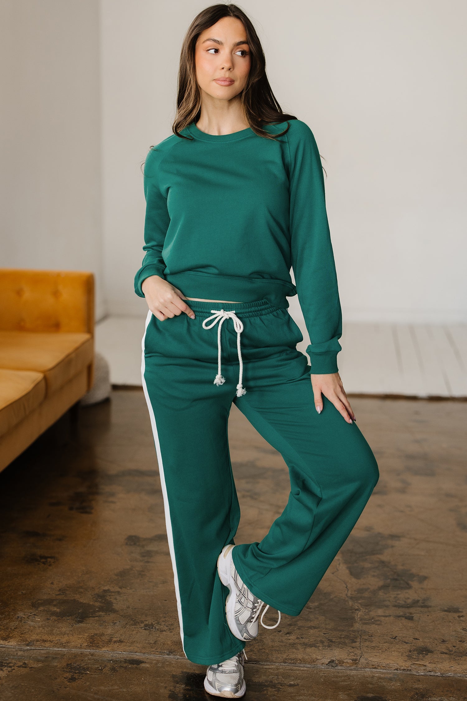 Sea Green Solid Color Pullover Top Varsity Stripe Detail Loose Drawstring Pants Set-Two Piece Sets/Pant Sets-[Adult]-[Female]-2022 Online Blue Zone Planet