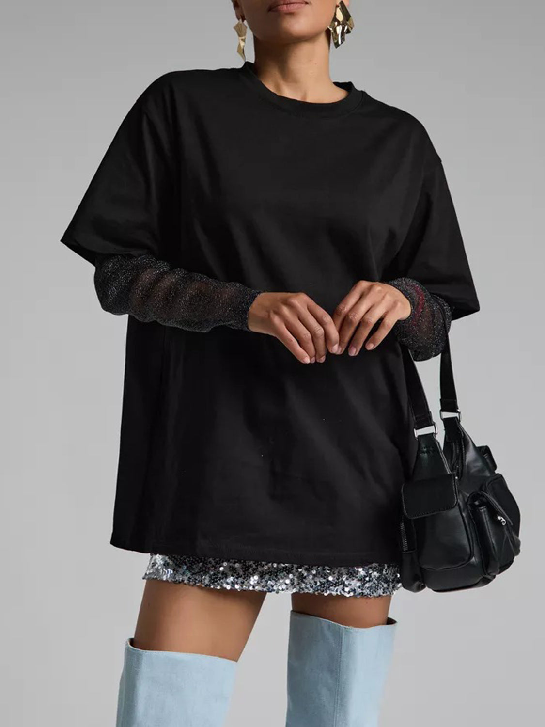 Faux Layered Round Neck Mesh Sleeve Top-TOPS / DRESSES-[Adult]-[Female]-Black-S-2022 Online Blue Zone Planet