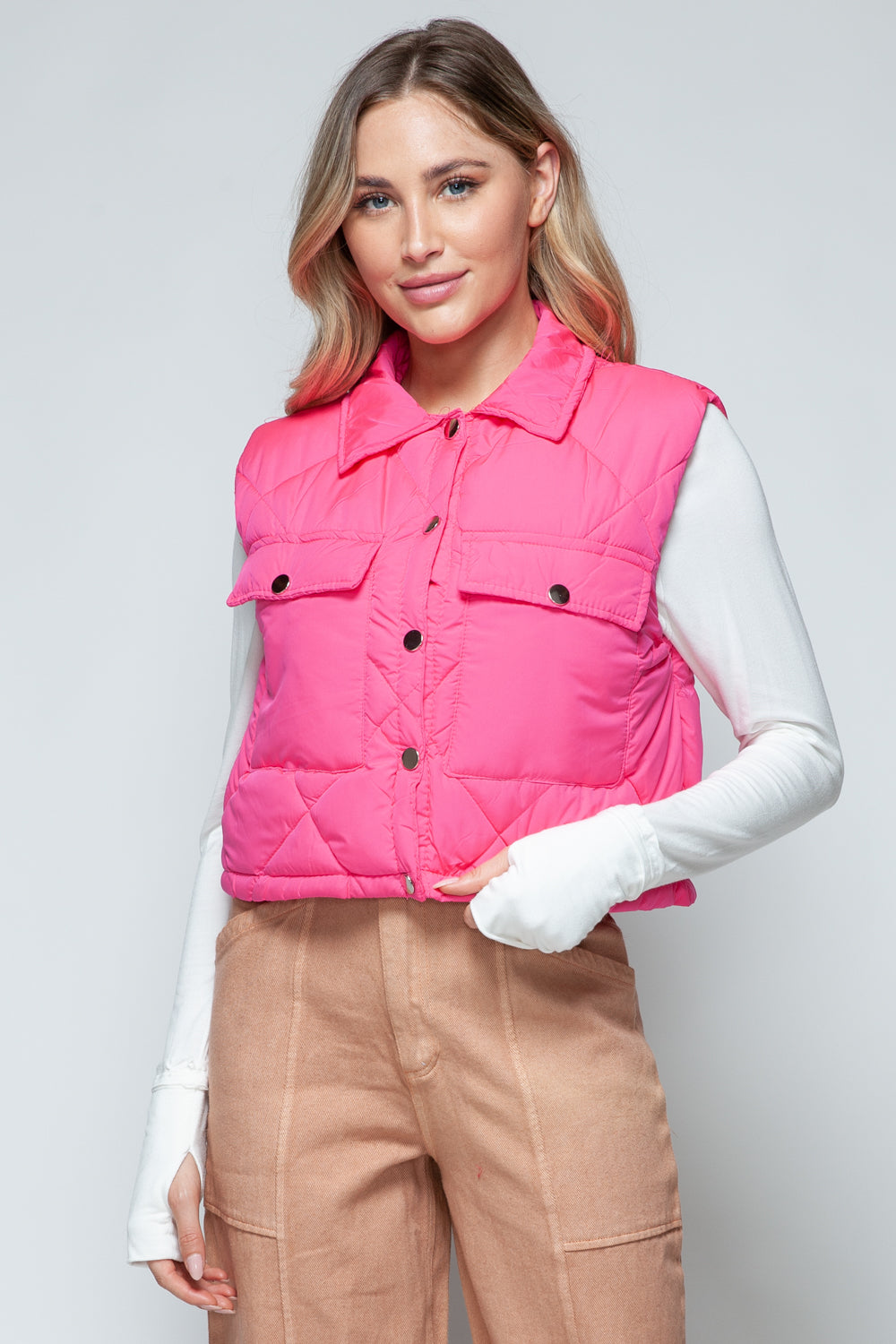 Blue Zone Planet | Snobbish Snap Down Quilted Crop Vest-TOPS / DRESSES-[Adult]-[Female]-Hot Pink-S-2022 Online Blue Zone Planet