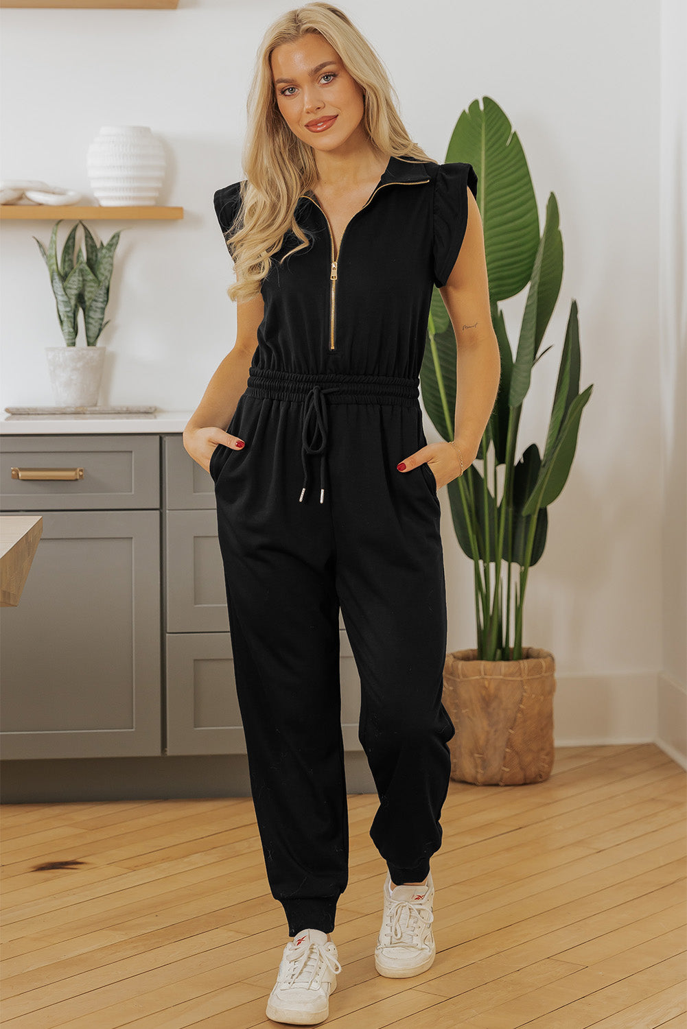 Blue Zone Planet | Black Zipper Flutter Sleeve Drawstring High Waist Jumpsuit-Bottoms/Jumpsuits & Rompers-[Adult]-[Female]-2022 Online Blue Zone Planet