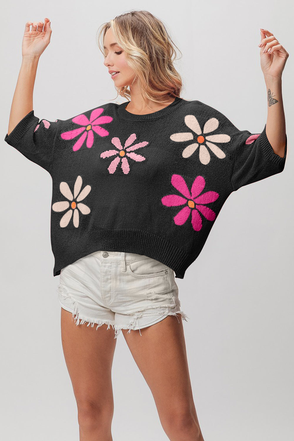 BiBi Floral Pattern Cropped Sweater-TOPS / DRESSES-[Adult]-[Female]-2022 Online Blue Zone Planet