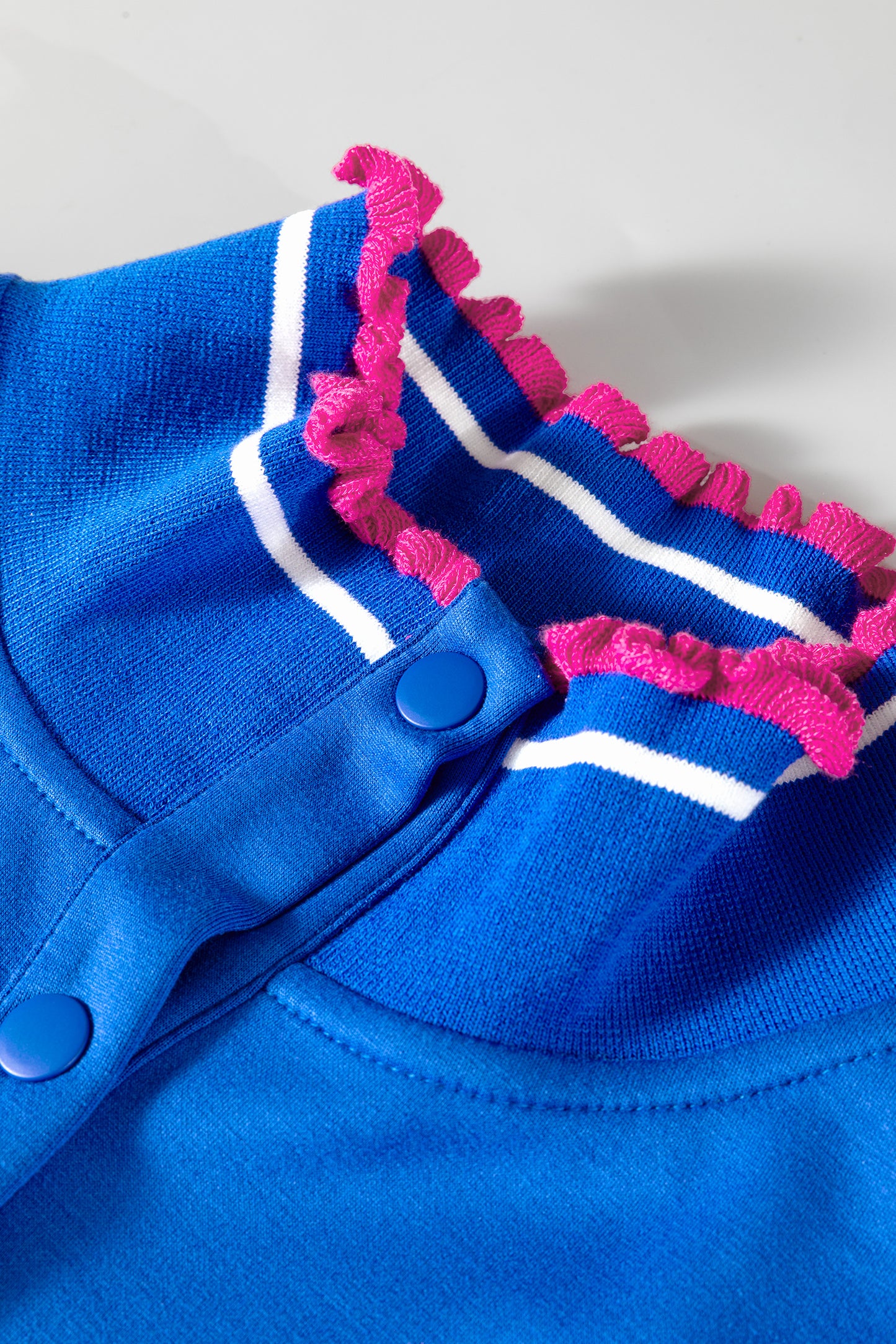 Sky Blue Contrast Frilled Trim Button Collared Short Sleeve Knit Top-Tops/Tops & Tees-[Adult]-[Female]-2022 Online Blue Zone Planet