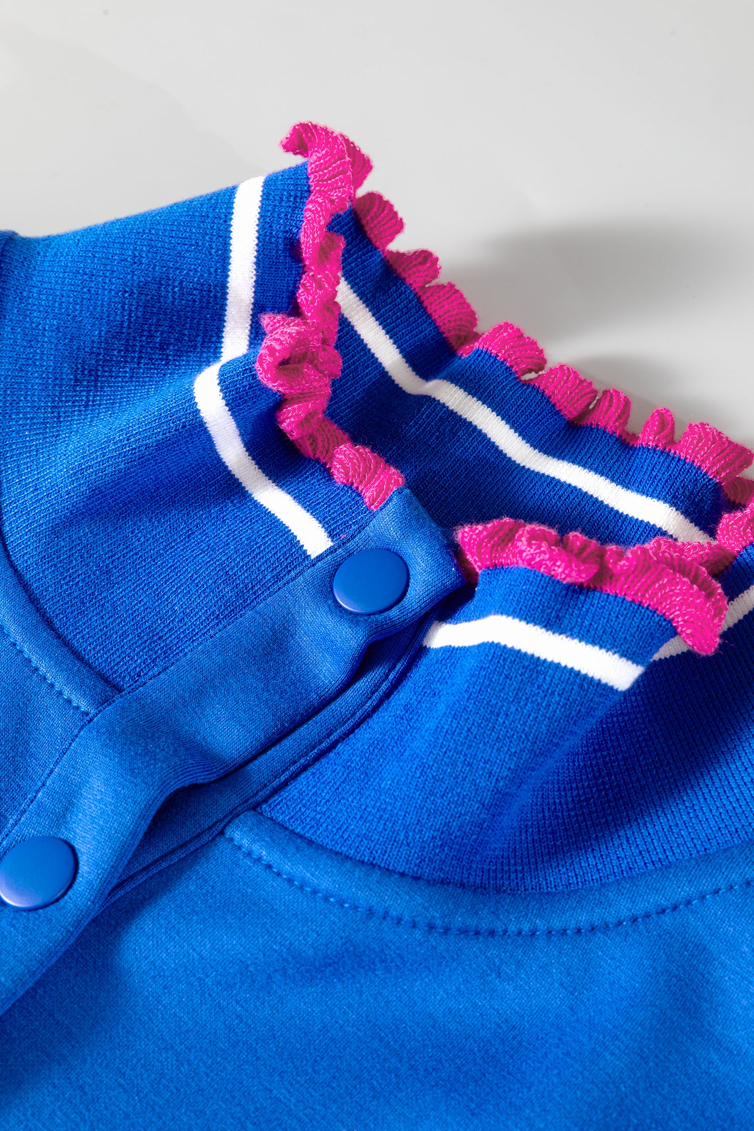 Sky Blue Contrast Frilled Trim Button Collared Short Sleeve Knit Top-Tops/Tops & Tees-[Adult]-[Female]-2022 Online Blue Zone Planet