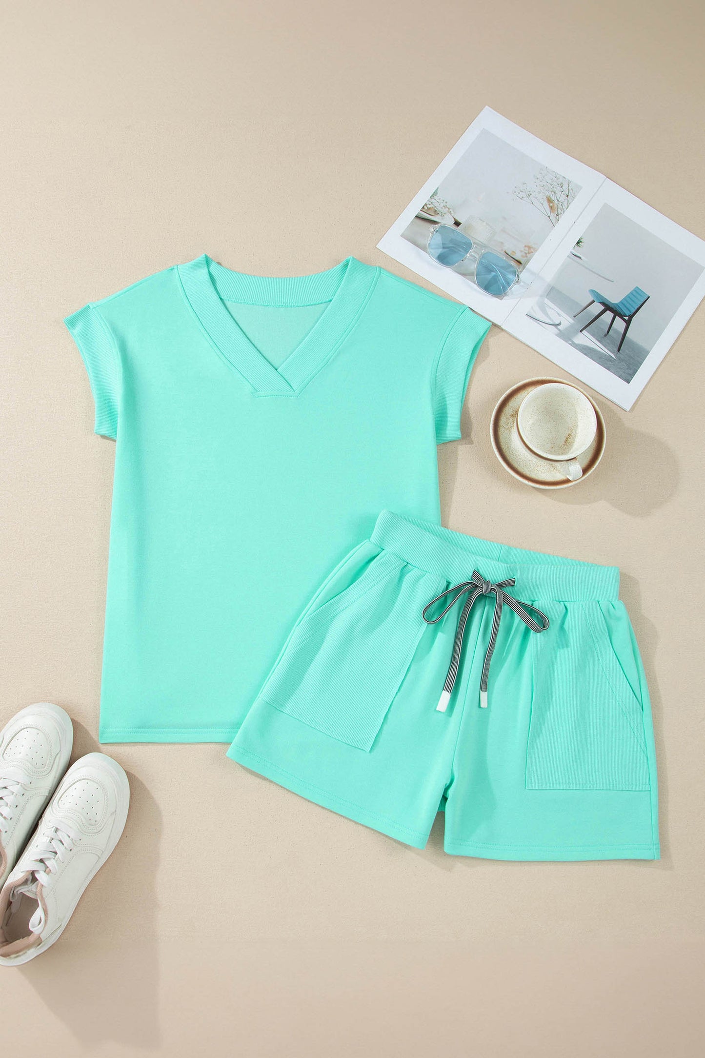 Sachet Pink V Neck Short Sleeve Top Drawstring Shorts 2pcs Set-Two Piece Sets/Short Sets-[Adult]-[Female]-2022 Online Blue Zone Planet