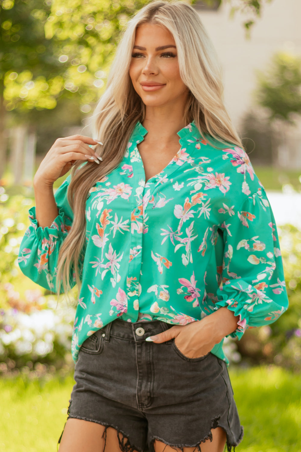 Green Floral Lantern Sleeve Button Front Shirt-Tops/Blouses & Shirts-[Adult]-[Female]-2022 Online Blue Zone Planet