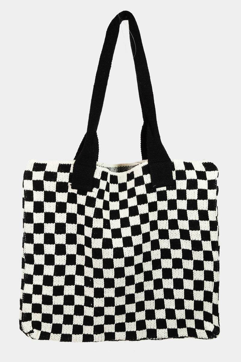 Fame Checkered Pattern Tote Bag-HANDBAGS-[Adult]-[Female]-Black-One Size-2022 Online Blue Zone Planet