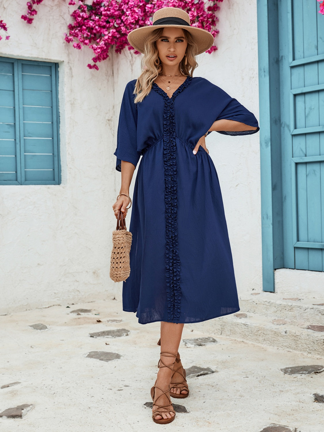 Blue Zone Planet |  Frill Slit V-Neck Three-Quarter Sleeve Dress BLUE ZONE PLANET