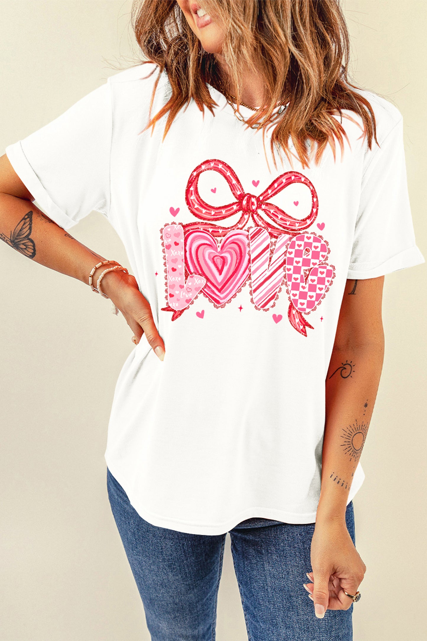 White Sweet Love Ribbon Bow Printed Valentines Day T Shirt-Graphic Tees-[Adult]-[Female]-2022 Online Blue Zone Planet