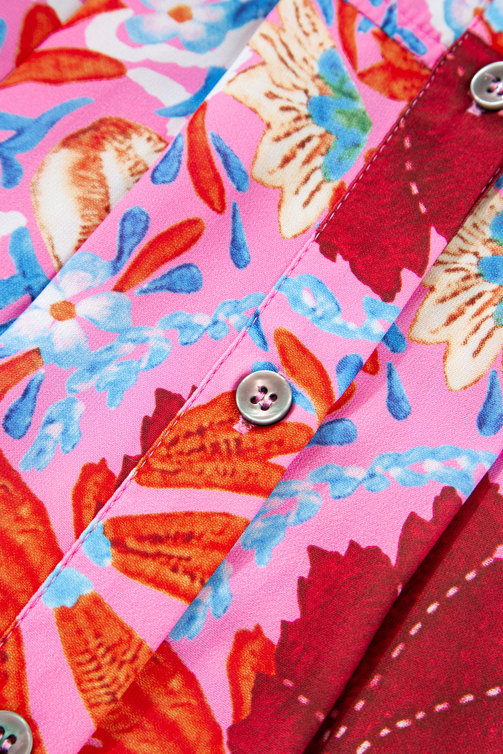 Pink Floral Print Bubble Sleeve Button Up Pleated Shirt-Tops/Blouses & Shirts-[Adult]-[Female]-2022 Online Blue Zone Planet