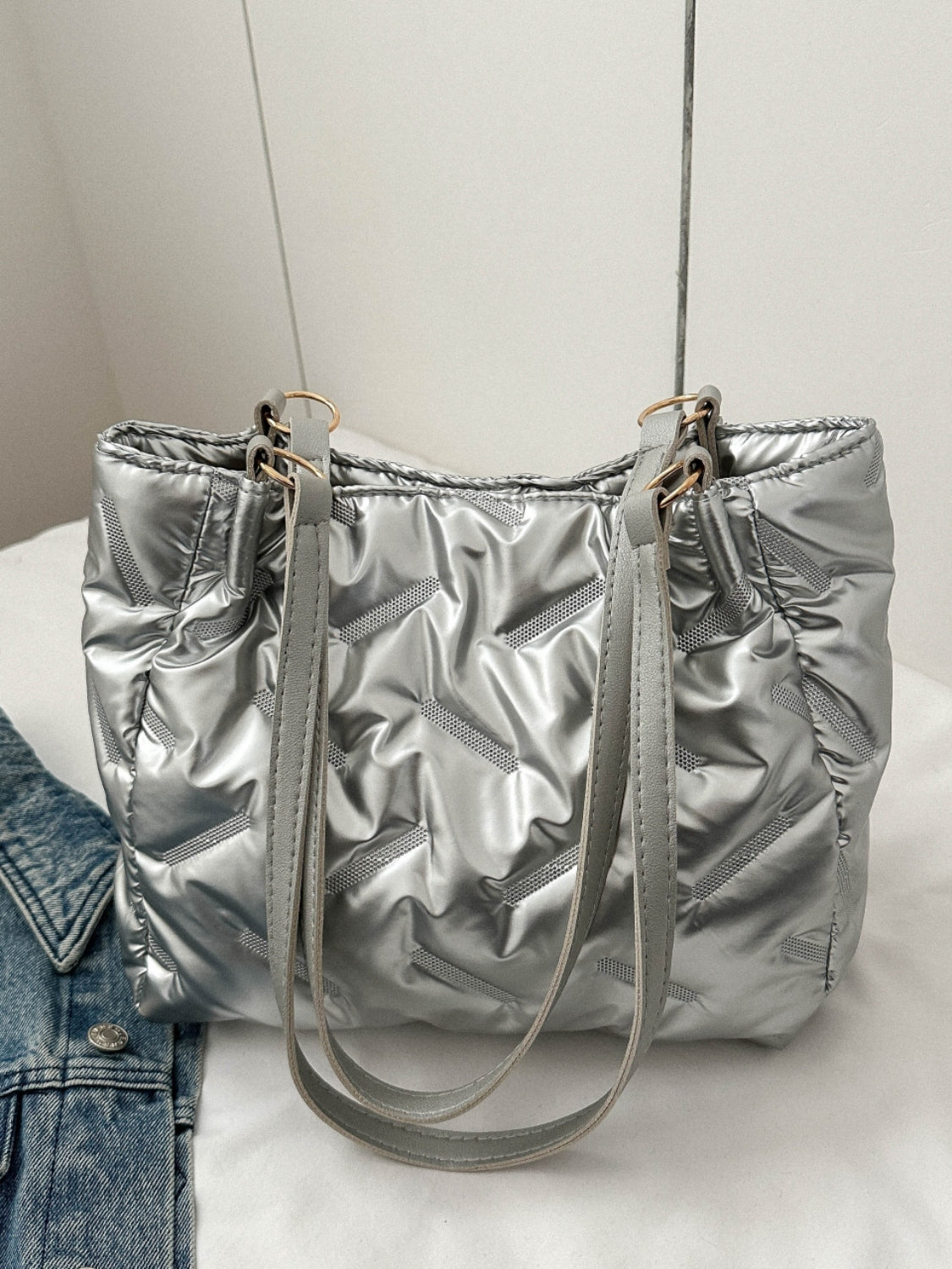 Textured Polyester Shoulder Bag-HANDBAGS-[Adult]-[Female]-Silver-One Size-2022 Online Blue Zone Planet