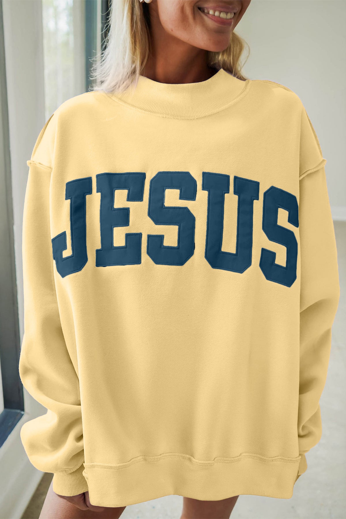 Banana Cream JESUS Letter Patch Graphic Exposed Seam Mock Neck Baggy Sweatshirt-Tops/Sweatshirts & Hoodies-[Adult]-[Female]-Banana Cream-S-2022 Online Blue Zone Planet