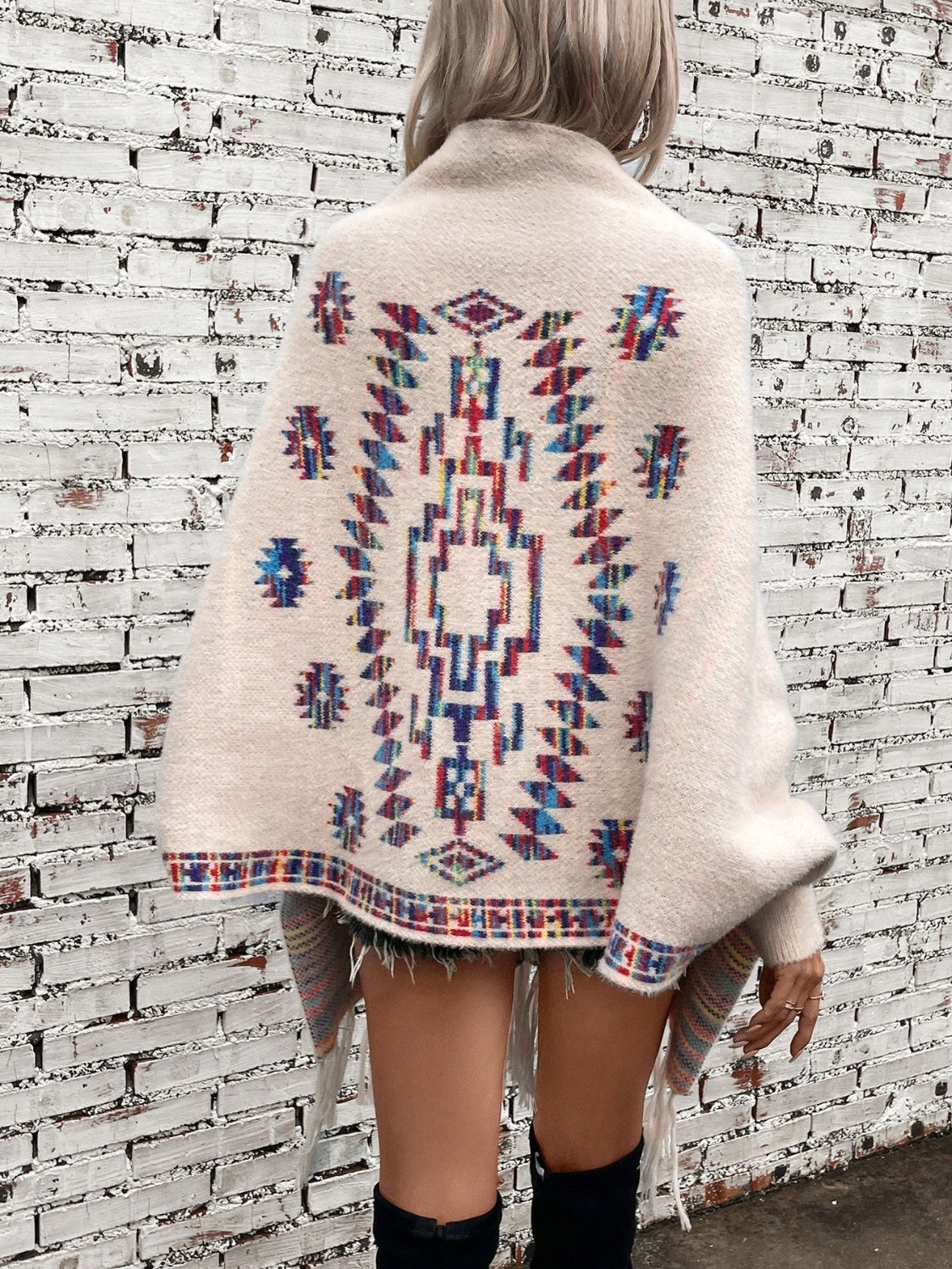 Fringe Geometric Open Front Long Sleeve Cape-TOPS / DRESSES-[Adult]-[Female]-2022 Online Blue Zone Planet