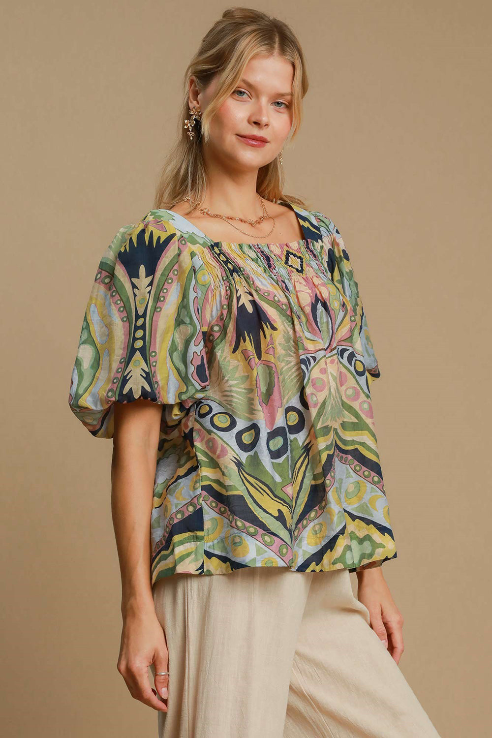 Umgee Full Size Abstract Print Smocked Square Neck Puff Sleeve Blouse-TOPS / DRESSES-[Adult]-[Female]-Green Mix-S-2022 Online Blue Zone Planet