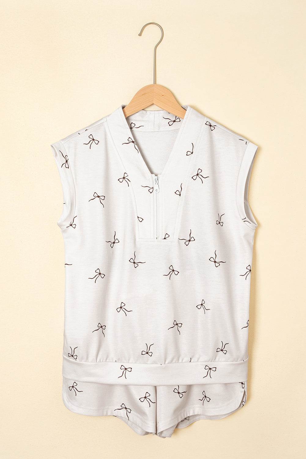 Beige Bow Print Half Zip Tank and Shorts 2pcs Set-Two Piece Sets/Short Sets-[Adult]-[Female]-2022 Online Blue Zone Planet