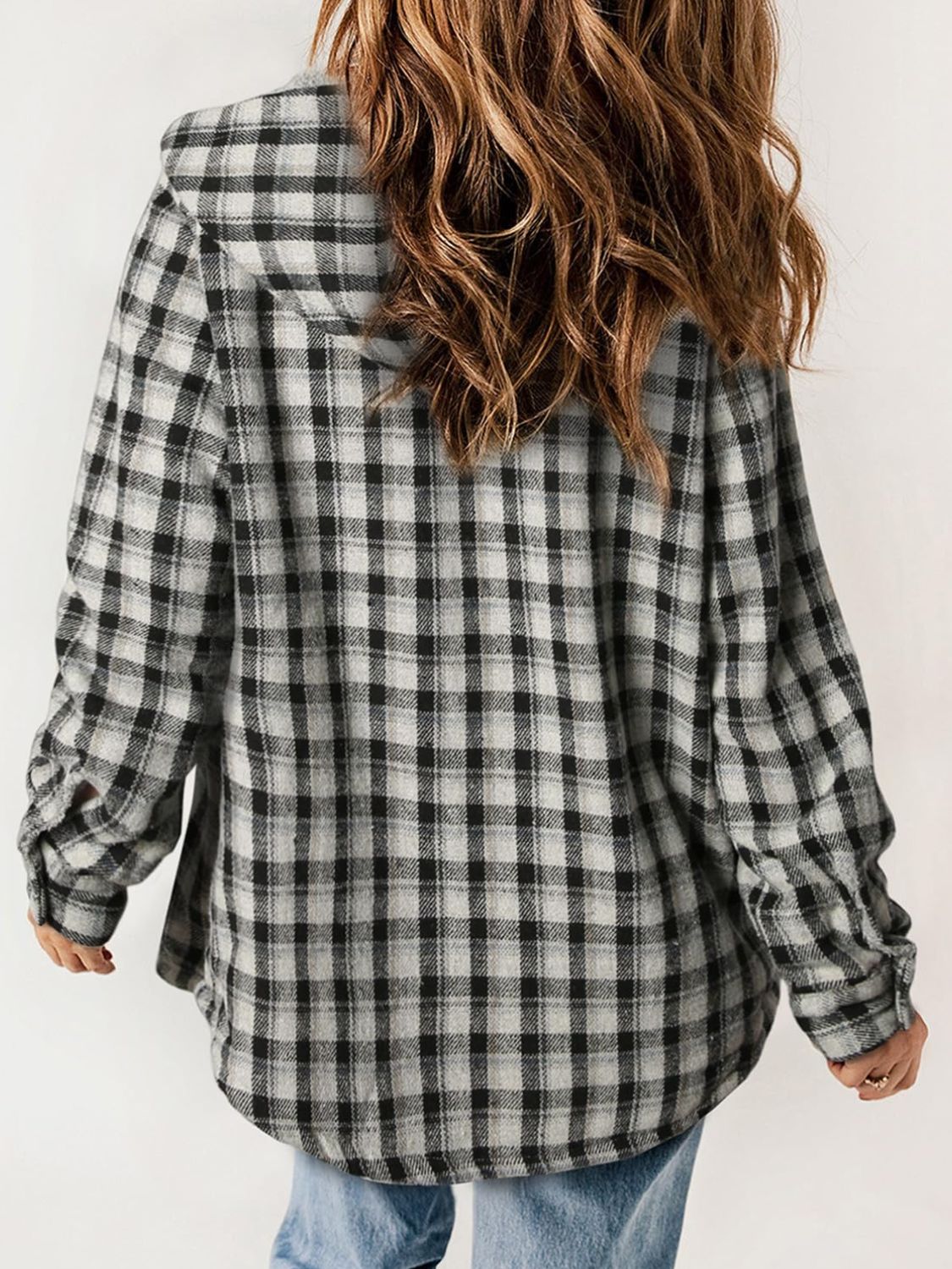 Plaid Snap Down Plush Hooded Jacket-TOPS / DRESSES-[Adult]-[Female]-2022 Online Blue Zone Planet