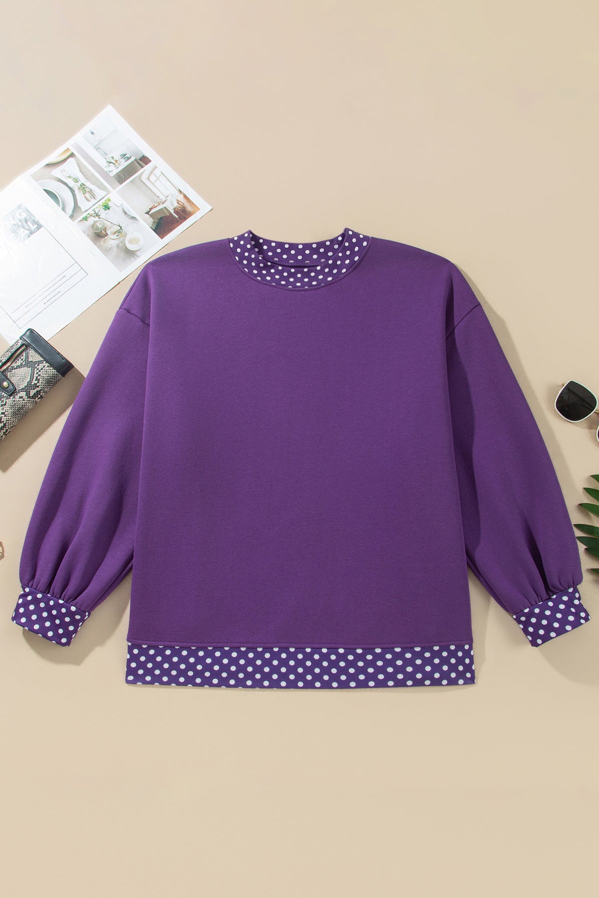 Tillandsia Purple Polka Dot Patchwork Round Neck Plus Size Sweatshirt