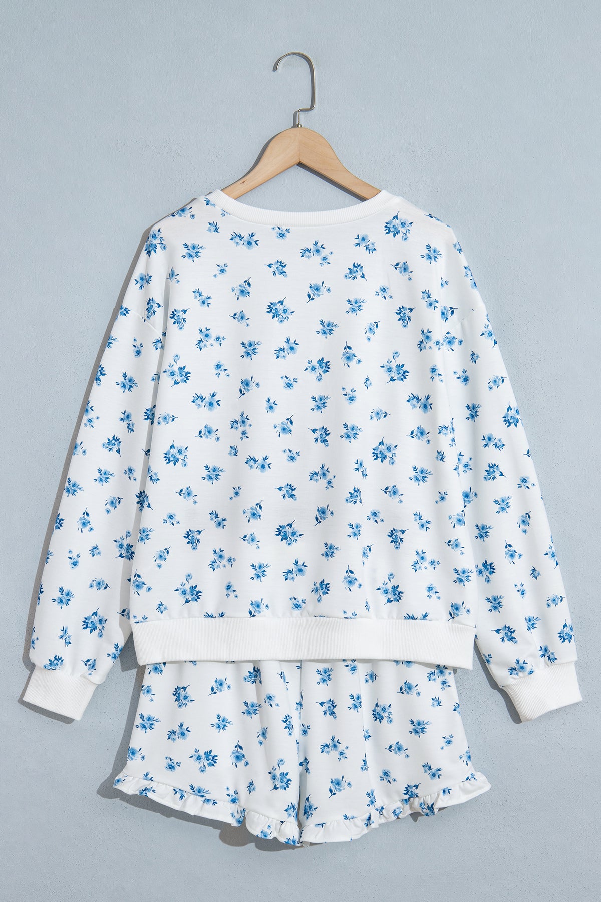 Sky Blue Floral Print Long Sleeve Top Elastic Waist Ruffle Hem Shorts 2pcs Set-Two Piece Sets/Short Sets-[Adult]-[Female]-2022 Online Blue Zone Planet