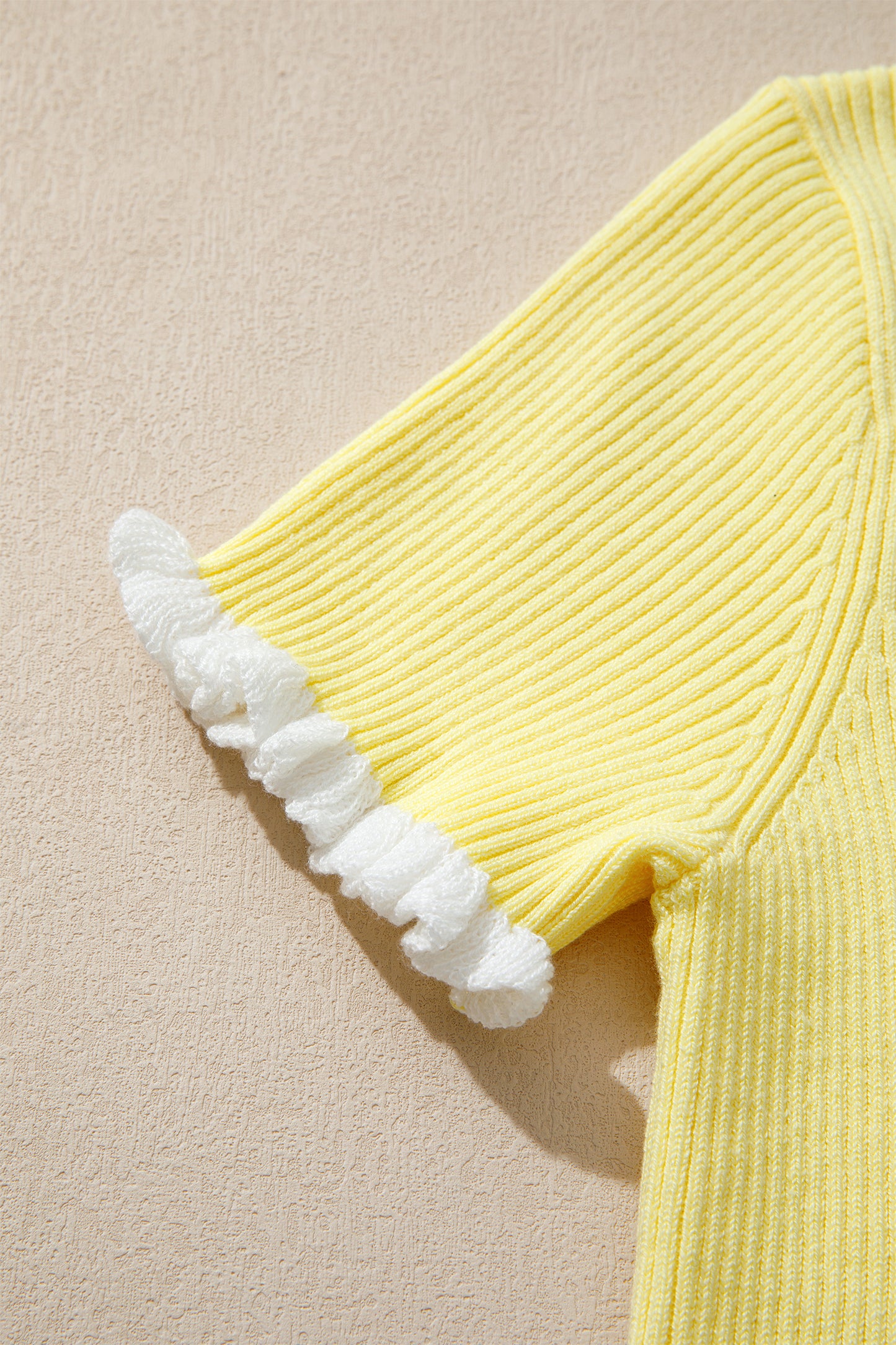 Yellow Cream Ribbed Knit Contrast Frilled Short Sleeve Sweater Cardigan-TOPS / DRESSES-[Adult]-[Female]-2022 Online Blue Zone Planet
