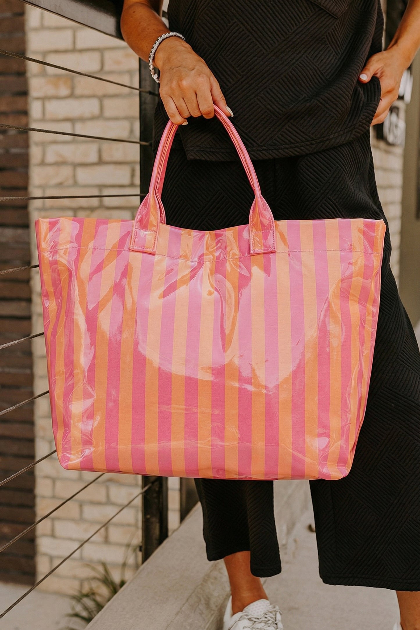 Blackish Green Glossy Striped Vinyl Large Tote Bag-Shoes & Bags/Handbags-[Adult]-[Female]-Rose Red-ONE SIZE-2022 Online Blue Zone Planet
