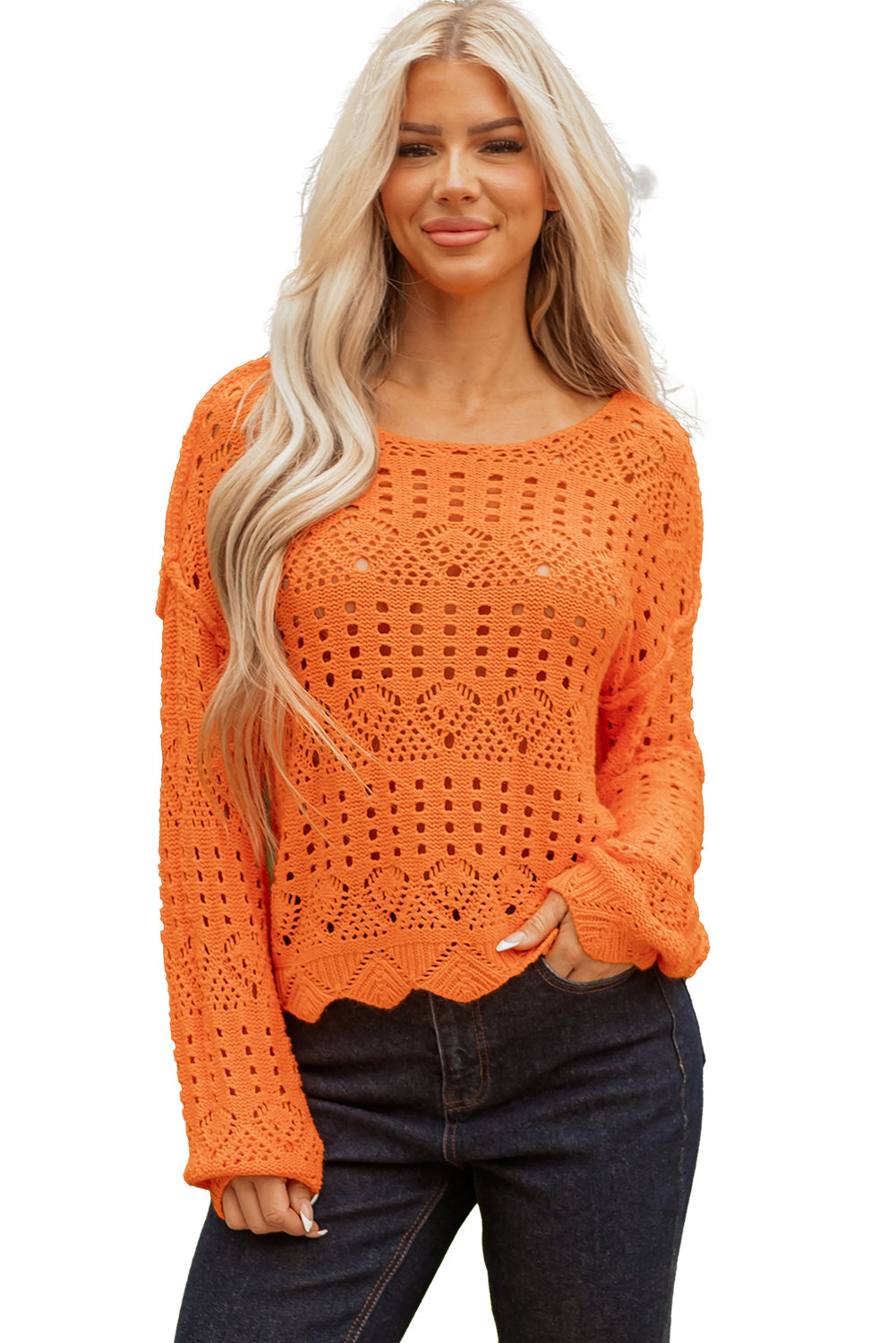 Carrot Solid Color Open Crochet Scallop Edge Sweater-TOPS / DRESSES-[Adult]-[Female]-2022 Online Blue Zone Planet