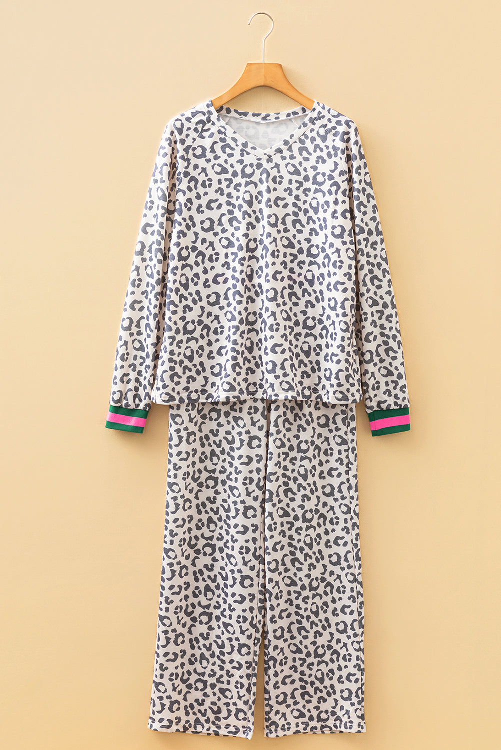 Gray V Neck Leopard Long Sleeve Top Striped Webbing Patchwork Drawstring Pant Set-Two Piece Sets/Pant Sets-[Adult]-[Female]-2022 Online Blue Zone Planet