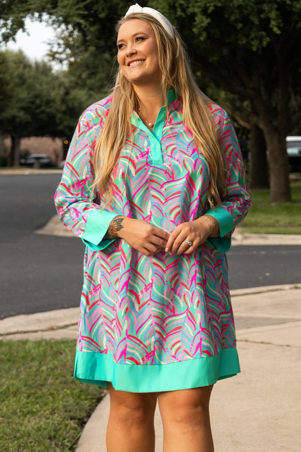 Blue Zone Planet | Green Plus Size Palm Pattern Long Sleeve Shift Dress-TOPS / DRESSES-[Adult]-[Female]-2022 Online Blue Zone Planet