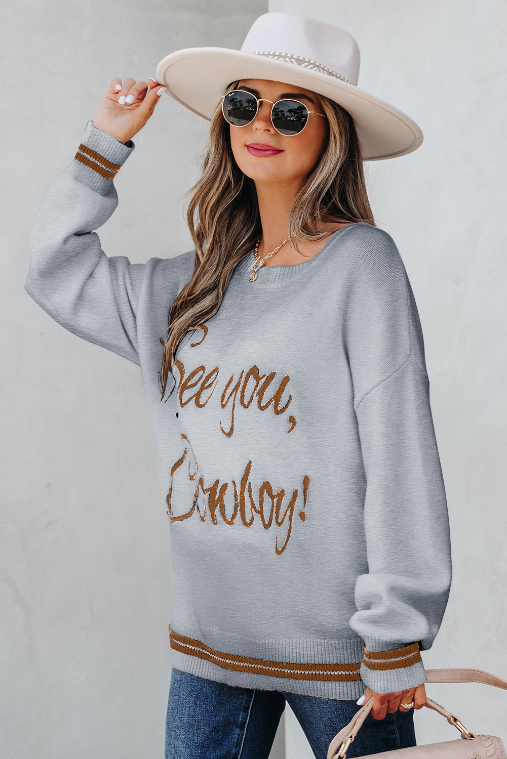 Light Grey See You Cowboy Embroidered Western Graphic Sweater-TOPS / DRESSES-[Adult]-[Female]-2022 Online Blue Zone Planet