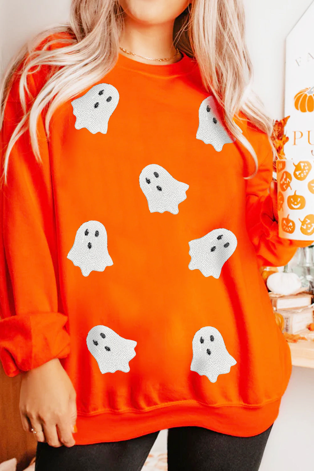 Orange Sequin Halloween Ghost Patched Drop Shoulder Sweatshirt-Graphic/Graphic Sweatshirts-[Adult]-[Female]-2022 Online Blue Zone Planet