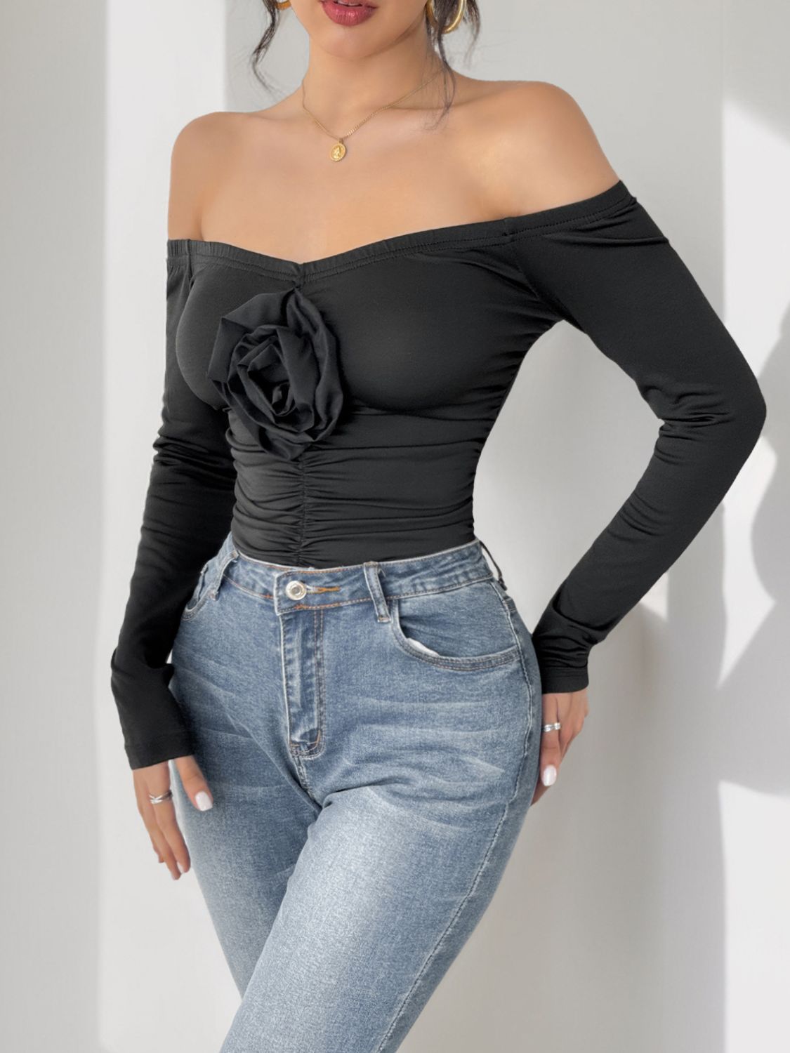 Perfee Ruched Flower Off-Shoulder Long Sleeve Bodysuit-TOPS / DRESSES-[Adult]-[Female]-2022 Online Blue Zone Planet