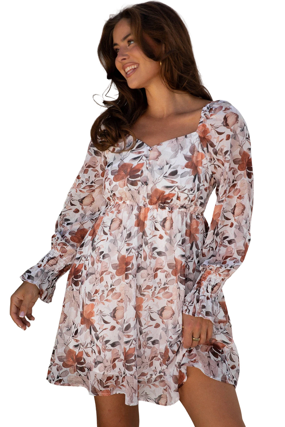 White Floral Print Sweetheart Neck Long Sleeve High Waist Mini Dress-TOPS / DRESSES-[Adult]-[Female]-2022 Online Blue Zone Planet