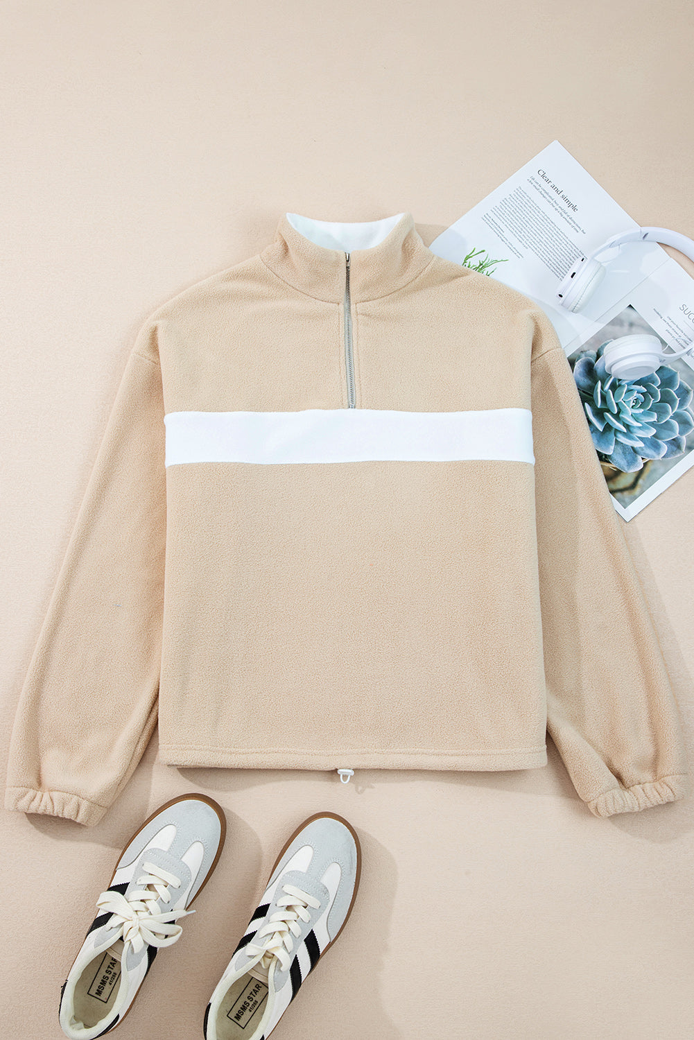 Parchment Fleece Colorblock Patchwork Zipped Neck Pullover Sweatshirt-Tops/Sweatshirts & Hoodies-[Adult]-[Female]-2022 Online Blue Zone Planet