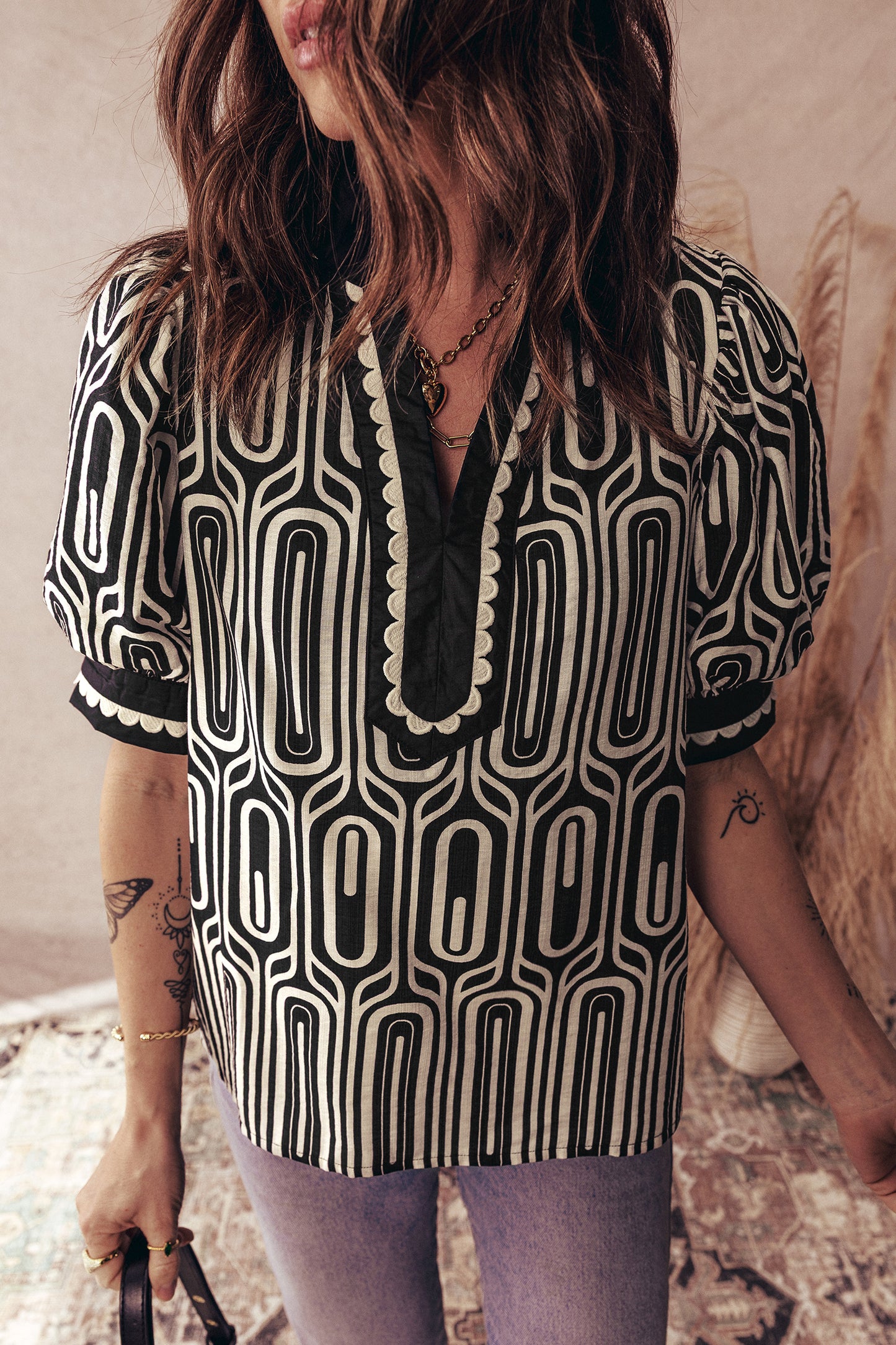 Black Geometric Print Contrast Scallop Color Block Patchwork Short Sleeve Blouse-Tops/Blouses & Shirts-[Adult]-[Female]-2022 Online Blue Zone Planet