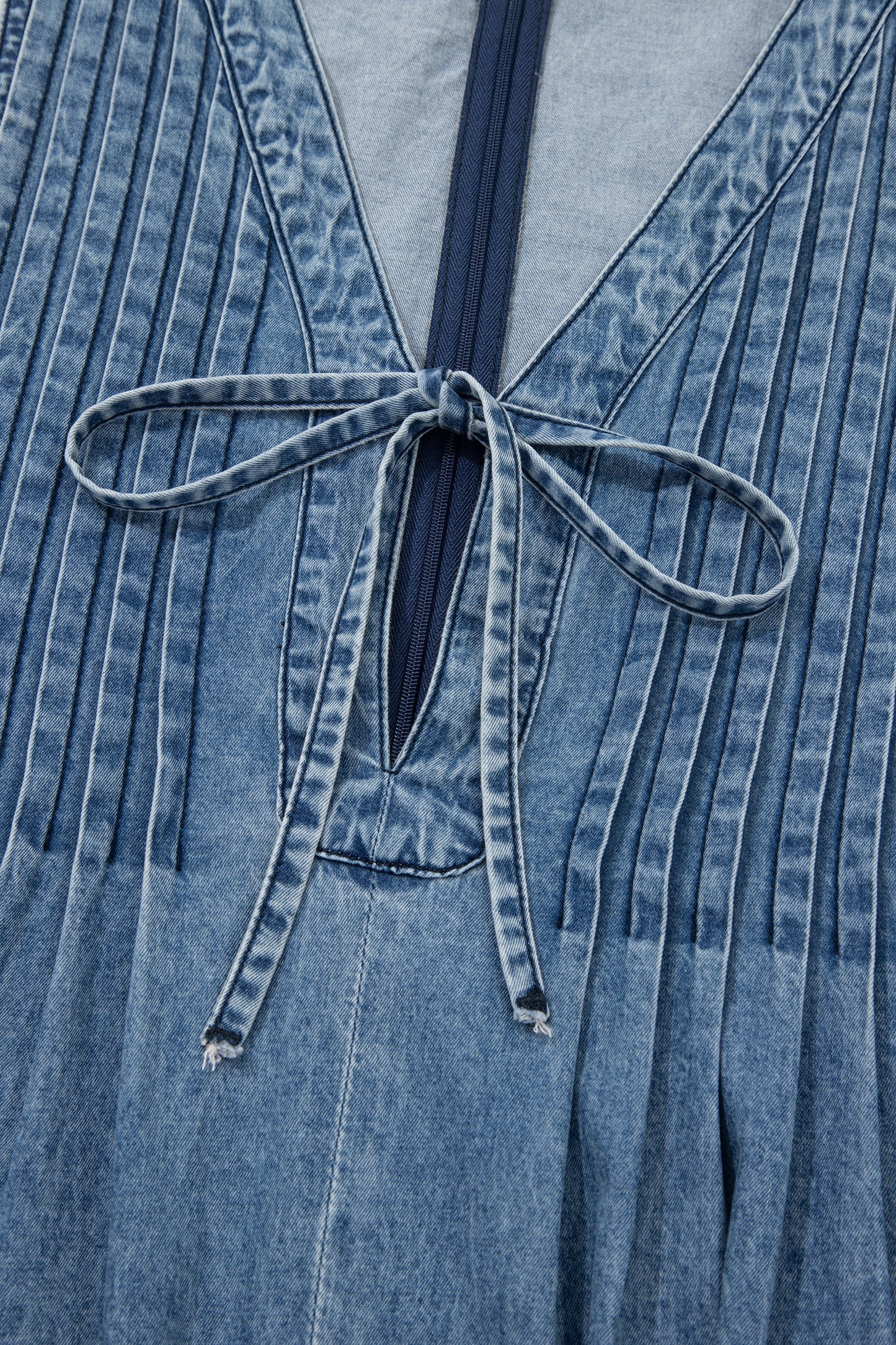 Dusk Blue Acid Wash Pintuck Tie V Neck Denim Wide Leg Jumpsuit-Bottoms/Jumpsuits & Rompers-[Adult]-[Female]-2022 Online Blue Zone Planet